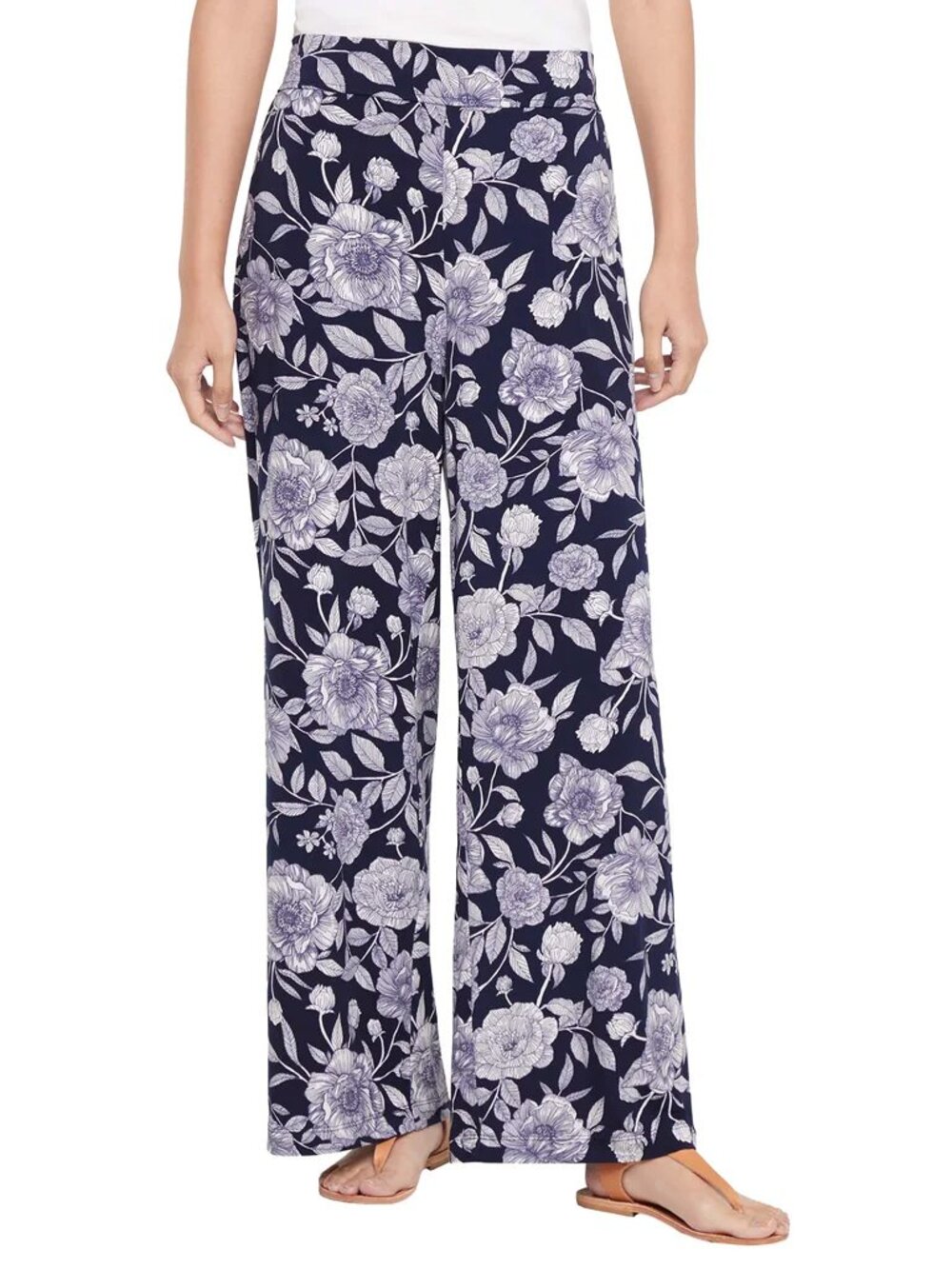 Three Dots Women's Pull-On Pant, White/Blue Floral Print, Size: Small, NWT